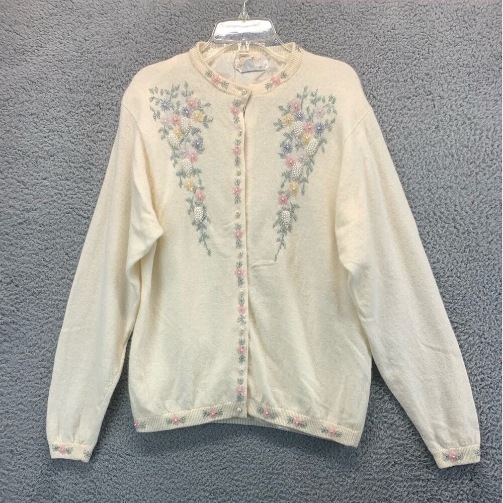 Vintage Zell Ucci Cardigan Sweater Rabbit Hair Wool Beaded - Cream Size S-M